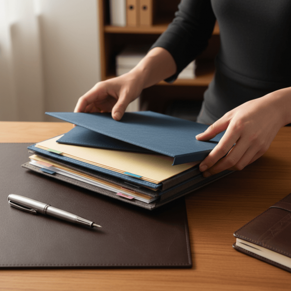 professionnel automobile organisant dossiers de vente et documents administratifs