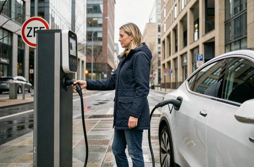 Femme rechargeant une voiture électrique compacte à une borne de recharge en ville, alternative au diesel en ZFE