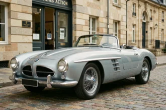 BMW 507 roadster de 1957 en argent garé devant une maison de vente aux enchères européenne en pierre