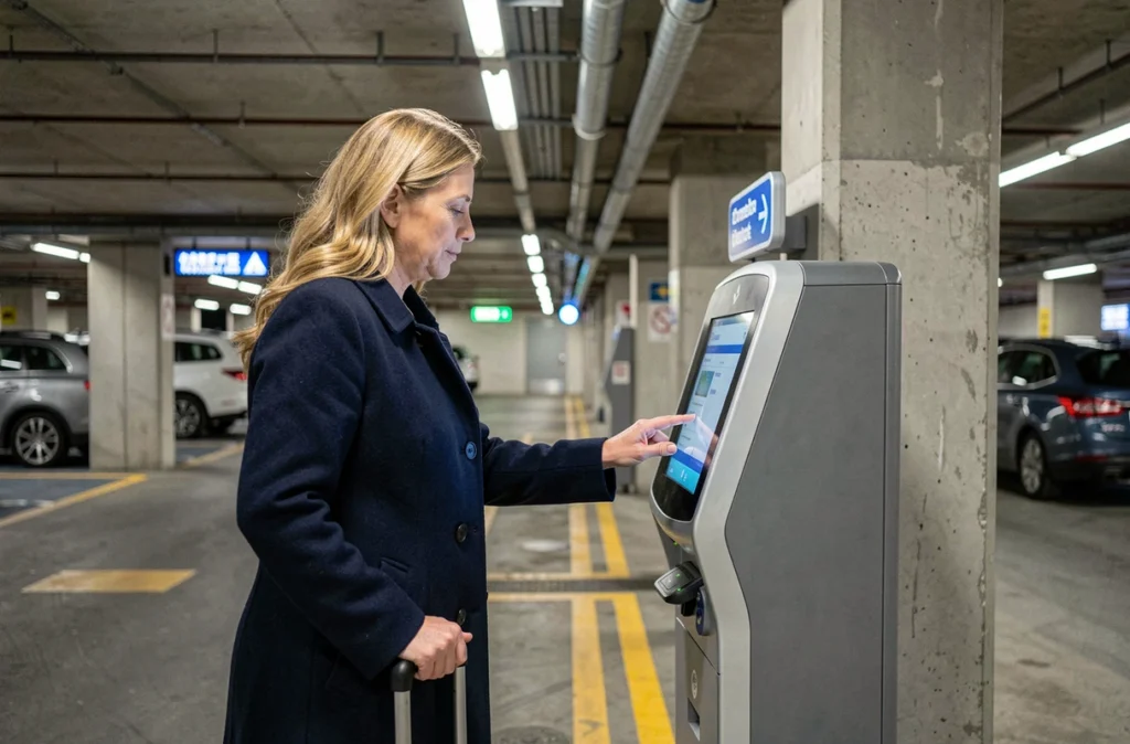 Femme utilisant une borne de paiement automatique dans un parking couvert près de la gare de Valence, valise à roulettes à ses côtés