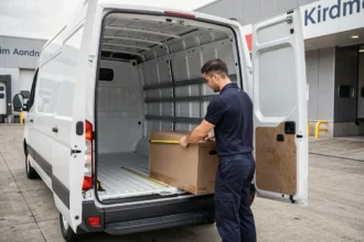 Professionnel chargeant des colis dans le volume de chargement d'un Renault Master 11m3 avec mètre ruban