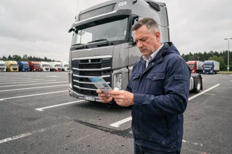 Chauffeur de camion professionnel tenant son permis de conduire devant un poids lourd sur une aire d'autoroute européenne