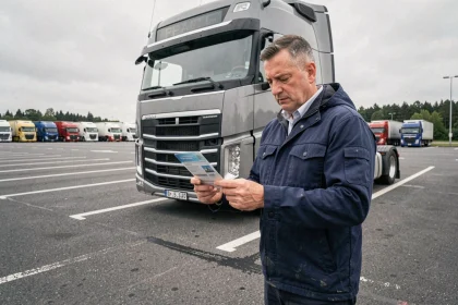 Chauffeur de camion professionnel tenant son permis de conduire devant un poids lourd sur une aire d'autoroute européenne