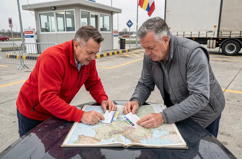 Deux chauffeurs de poids lourds comparant les permis C et C1 sur une carte routière européenne à un poste frontière