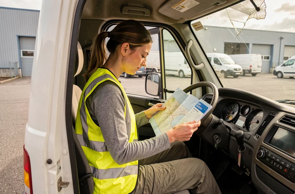 Conductrice de poids lourd dans la cabine d'un camion de livraison consultant les catégories de permis C et C1 dans un entrepôt logistique