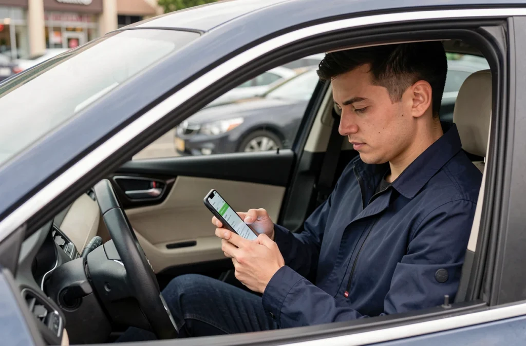 Homme consultant les questions officielles du code de la route 2026 sur smartphone dans une voiture garée
