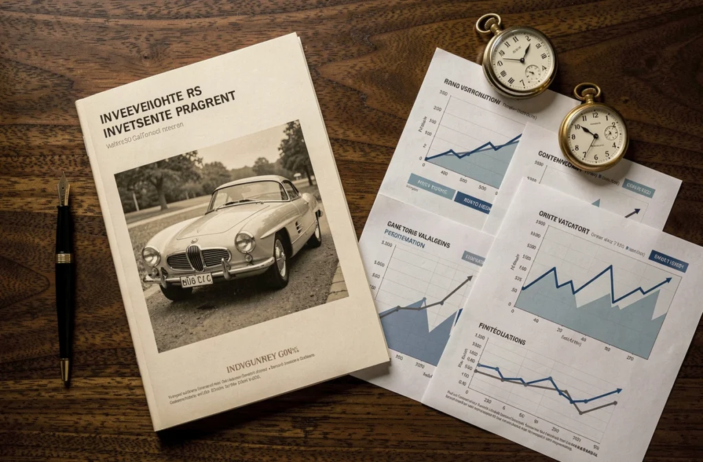 Brochure d'investissement et documents de valorisation d'une BMW 507 posés sur un bureau en noyer avec stylo et montre de poche