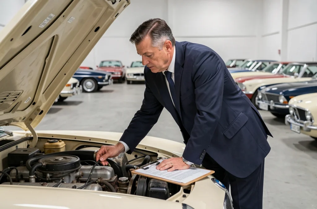 Expert en automobile inspectant le moteur d'une BMW 507 restaurée dans un garage de voitures classiques haut de gamme