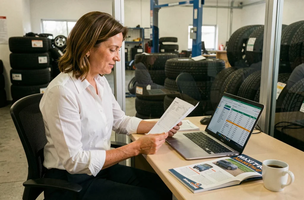 Gérante d'un centre auto analysant les tarifs fournisseur Maxityre dans son bureau