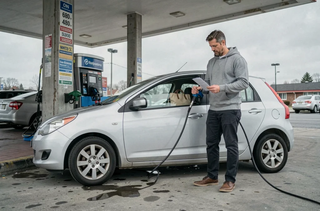 Homme faisant le plein d'essence à une station-service avant un départ en week-end en voiture