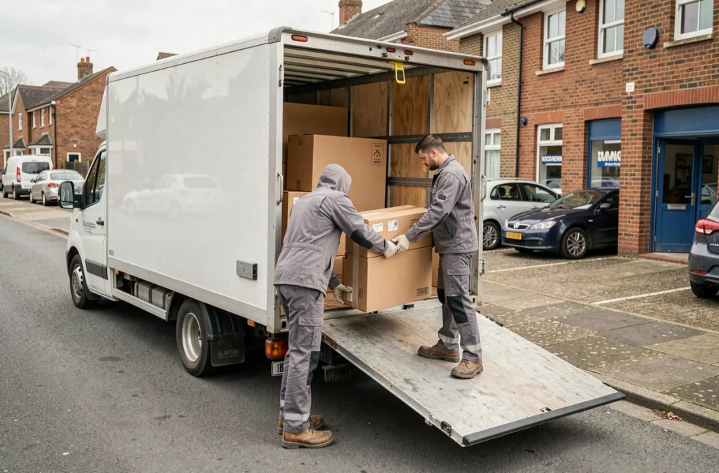 Deux manutentionnaires chargeant des cartons dans le camion de location Super U garé devant un commerce en zone périurbaine