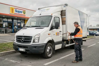 Professionnel en gilet haute visibilité fixant des sangles sur un camion de location Super U dans un parking de grande surface