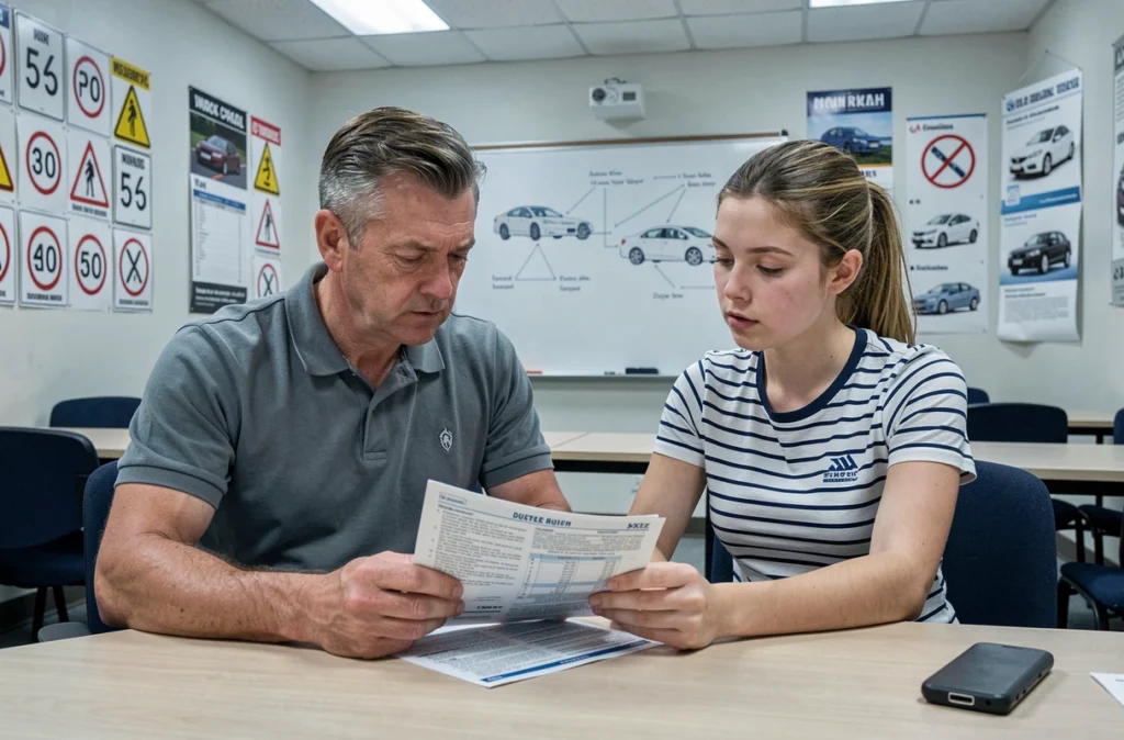 Moniteur d'auto-école et élève révisant ensemble le livret de questions du permis de conduire mise à jour 2026