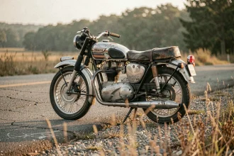 Moto Triumph vintage des années 1960 abandonnée sur une route rurale de l'État de New York, atmosphère documentaire en noir et blanc colorisé