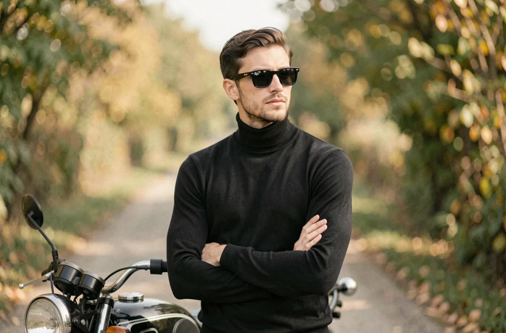Musicien en col roulé noir et lunettes de soleil posant près d'une moto vintage sur un chemin de campagne, portrait ambigu et contemplatif années 60