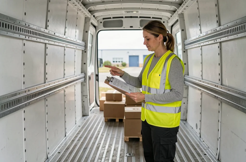 Coordinatrice logistique planifiant l'optimisation de l'espace de chargement à l'intérieur d'un Renault Master