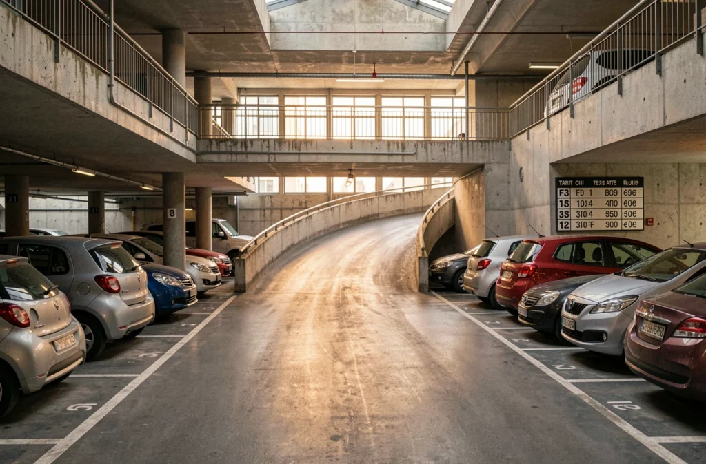 Intérieur d'un parking à plusieurs niveaux avec rampe en béton et tableau des tarifs horaires affiché sur le mur, en centre-ville de Valence