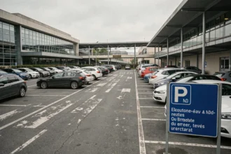 Parking extérieur moderne situé près de la gare de Valence avec signalétique bleue et rangées de voitures garées sur un tarmac délimité
