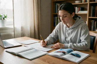 Jeune femme révisant les questions du permis de conduire 2026 sur des documents PDF imprimés à son bureau