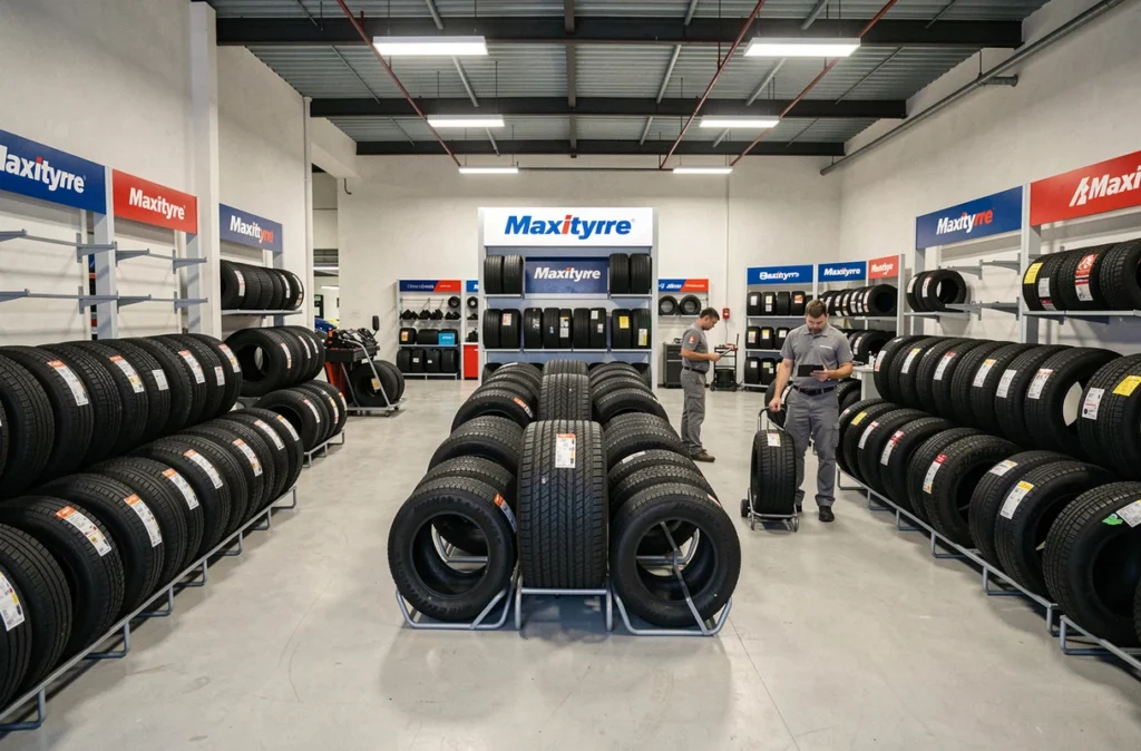 Showroom d'un centre auto avec présentoir de pneus Maxityre et mécaniciens en activité