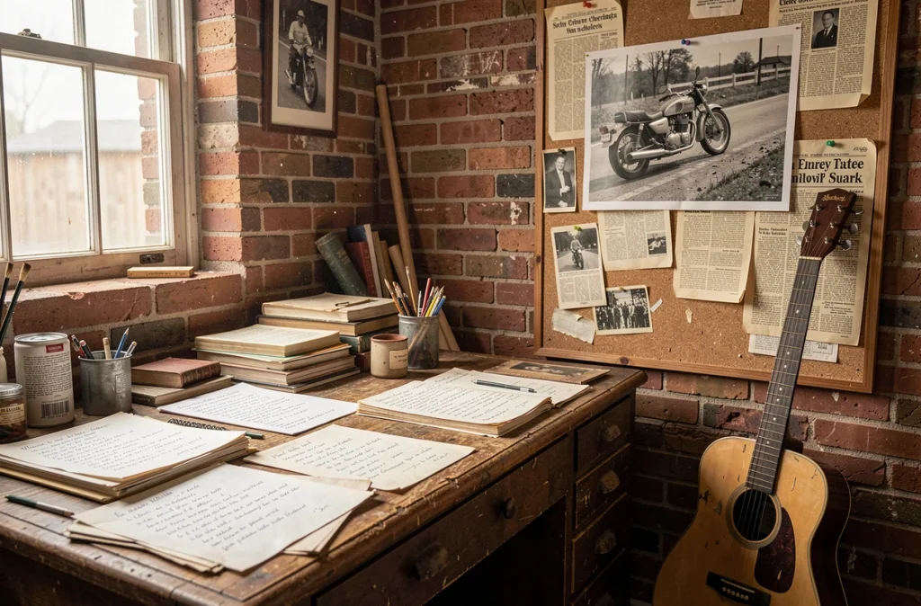 Studio de travail d'un artiste des années 1960 avec partitions manuscrites, guitare acoustique et coupures de presse sur un panneau de liège, atmosphère créative et documentaire