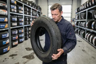 Technicien automobile examinant un pneu Maxityre dans un centre auto professionnel