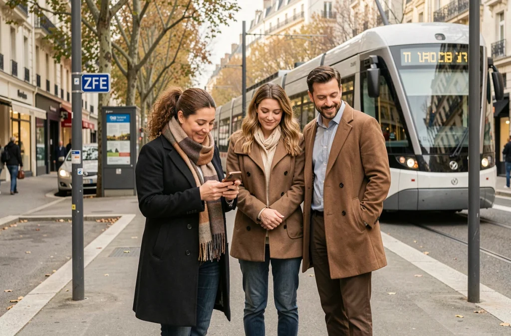 Usagers des transports en commun attendant le tramway en ville comme alternative à la voiture diesel dans une ZFE