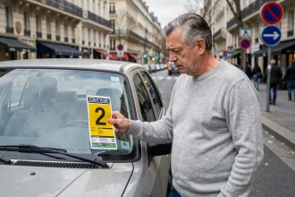 Homme examinant une vignette Crit'Air 2 sur son véhicule diesel dans une zone à faibles émissions en ville