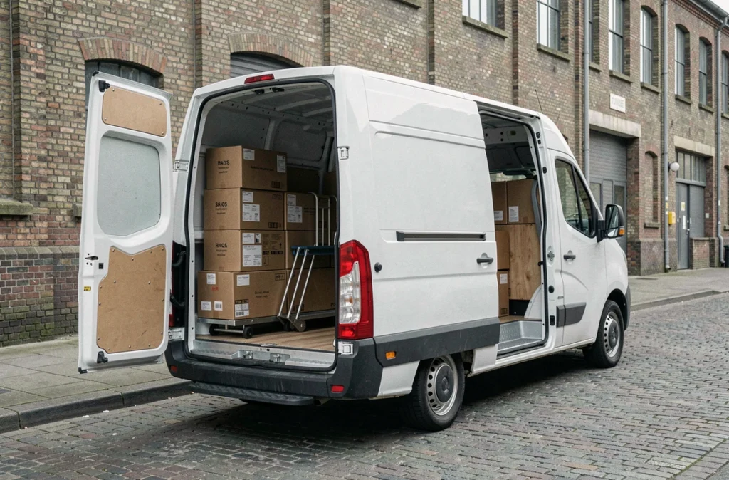 Vue extérieure grand angle du Renault Master 11m3 portes ouvertes montrant la capacité totale de chargement