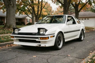 Toyota AE86 Trueno Corolla blanche et noire garée dans une rue résidentielle, vue en perspective 3/4 avant mettant en valeur les phares escamotables et les lignes angulaires typiques des années 80
