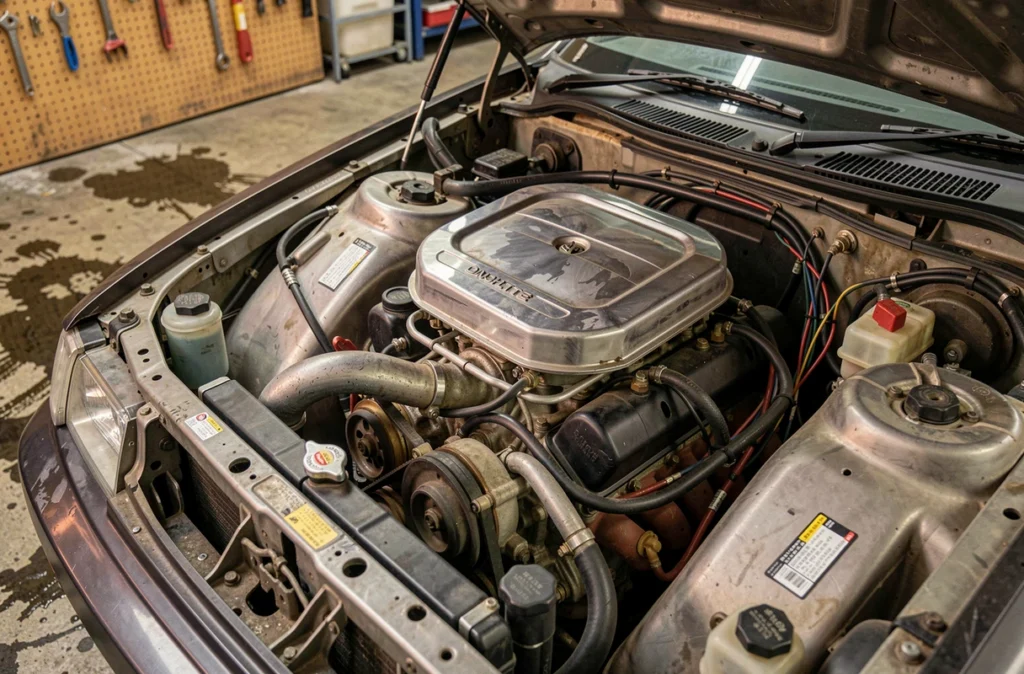 Moteur 4A-GE de la Toyota AE86 Trueno Corolla dans un atelier mécanique indépendant, capot ouvert révélant un bloc bien entretenu avec câblage soigné et pièces d'origine