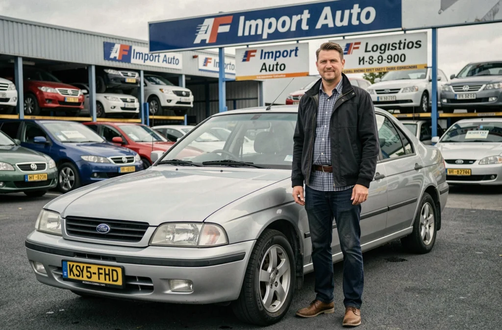 Spécialiste de AF Import Auto devant un véhicule d'occasion importé avec plaques étrangères sur le parc de la concession varoise