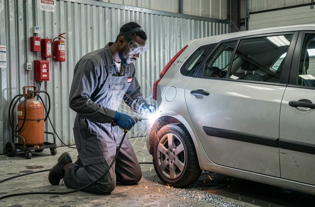 Carrossier d'Afellah Automobile à Trappes effectuant une soudure sur la carrosserie d'une voiture compacte