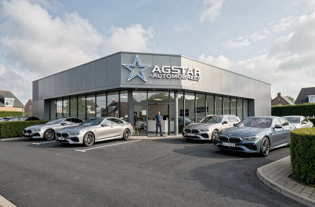 Façade extérieure moderne du garage AG STAR-AUTOMOBILES carrossier haut de gamme dans les Yvelines avec des véhicules premium en avant-cour