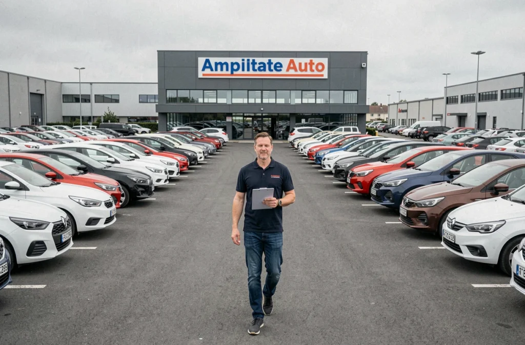 Responsable commercial d'Amplitude Auto à Saint-Herblain traversant un vaste parc de voitures d'occasion