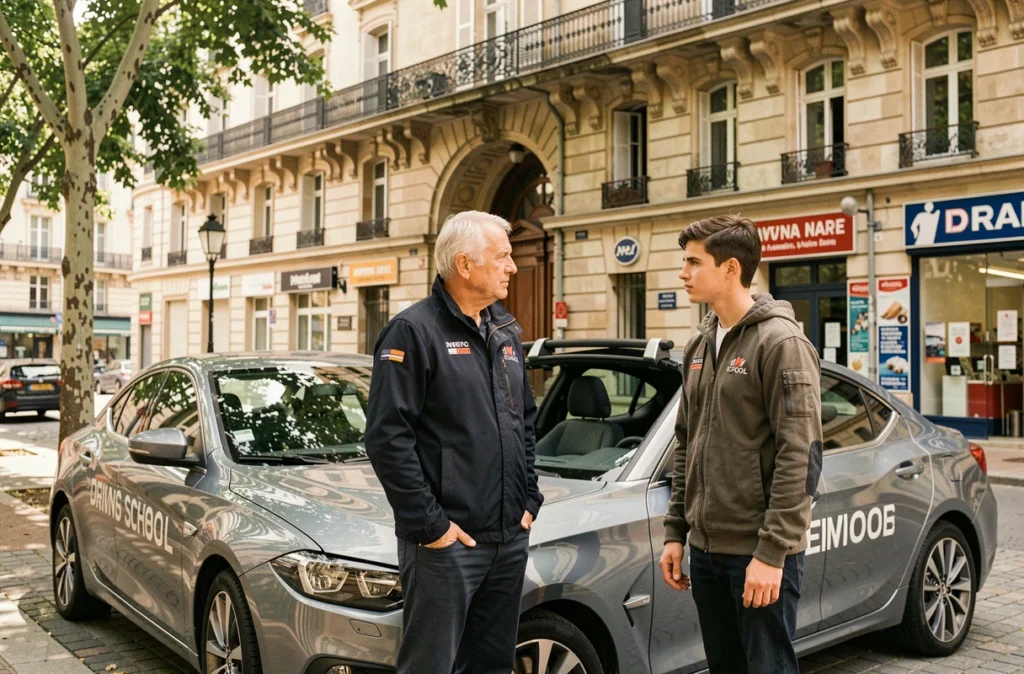 Moniteur de l'Auto Ecole François 1er à Reims expliquant des consignes à un élève devant un véhicule école