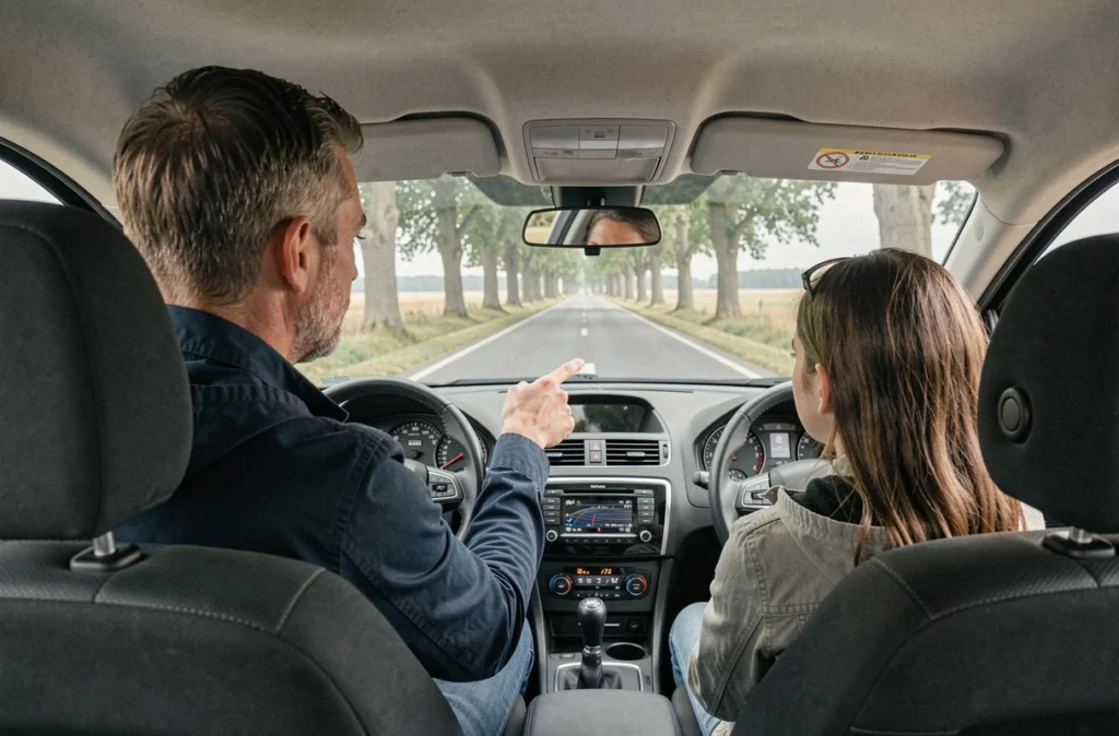 Moniteur de l'Auto-Ecole Jean à Sainte-Menehould guidant une élève lors d'une leçon de conduite sur une route rurale de la Marne