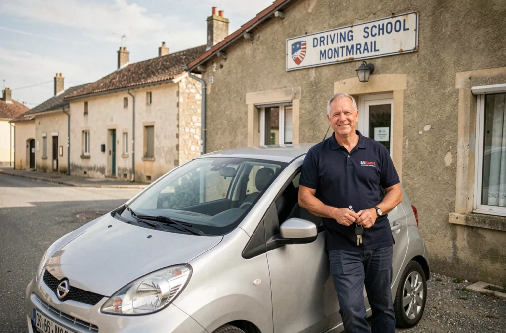 Moniteur de l'Auto-Ecole MARIO à Montmirail appuyé contre une voiture d'auto-école dans un village rural de la Marne