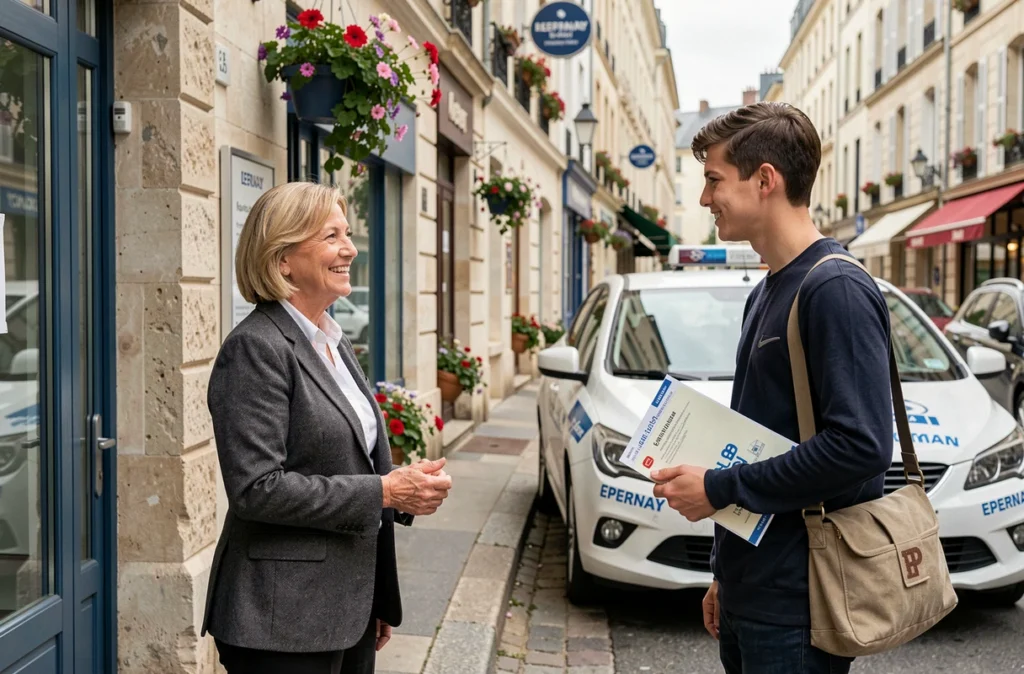 Monitrice de l'Auto-Ecole TISSIER 1 à Épernay accueillant un nouvel élève devant les locaux de l'auto-école