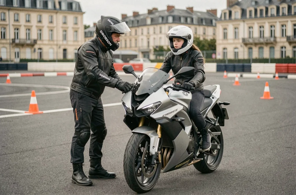 Moniteur de l'Auto Moto School Tissier à Reims encadrant une élève motarde sur un circuit d'entraînement moto