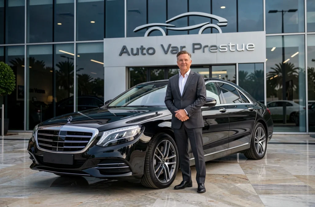 Vendeur élégant d'Auto Var Prestige aux côtés d'une berline de luxe d'occasion devant la façade vitrée du showroom