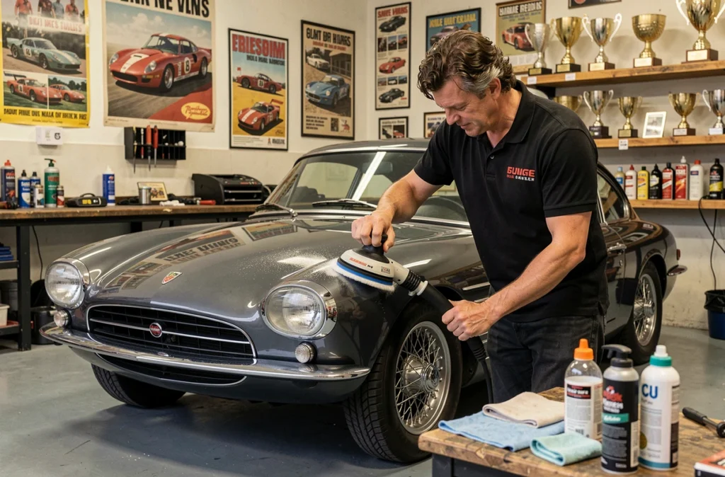 Propriétaire passionné d'Autos Passion polissant une voiture classique dans son atelier de carrosserie des Yvelines