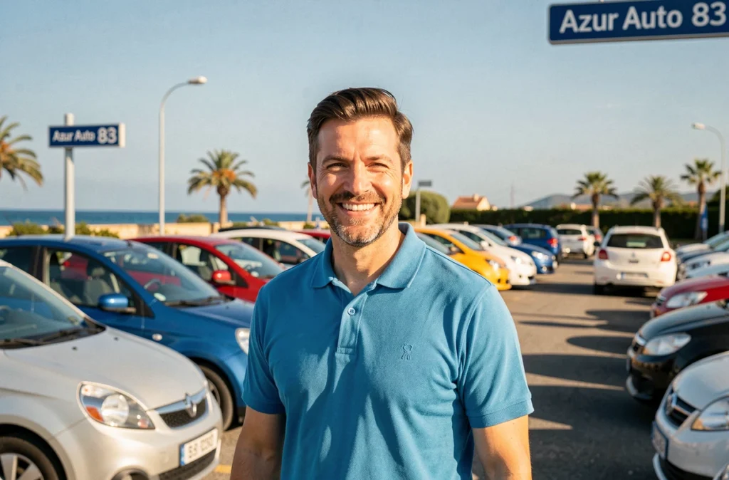 Vendeur souriant d'Azur Auto 83 dans un parc de voitures d'occasion ensoleillé avec ciel azuréen en arrière-plan