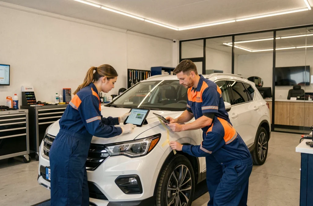 Équipe de carrossiers multi-services de BY AUTOS travaillant sur un SUV blanc dans leur atelier des Yvelines
