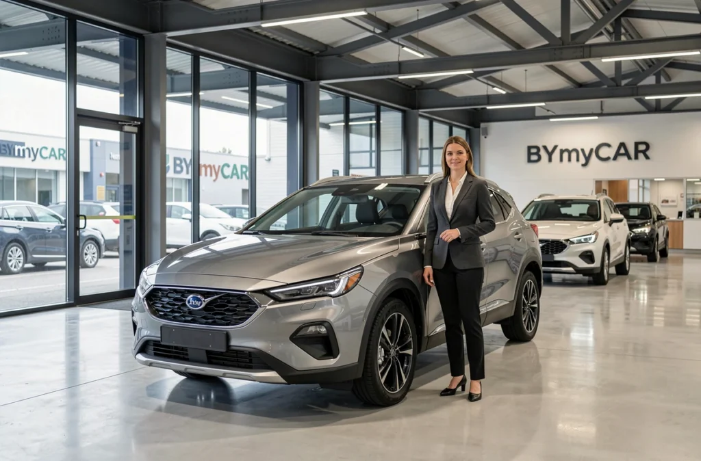 Conseillère commerciale BYmyCAR Nantes dans le showroom moderne avec un véhicule premium d'occasion