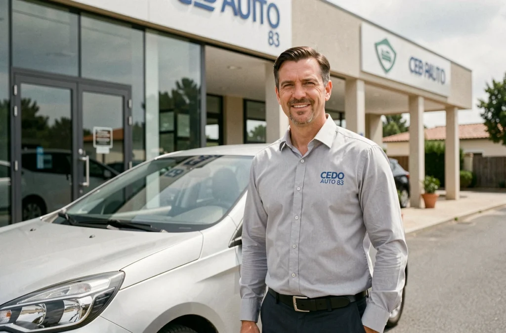 Vendeur de CED AUTO 83 posant devant une voiture d'occasion argentée sur le parvis de la concession dans le Var