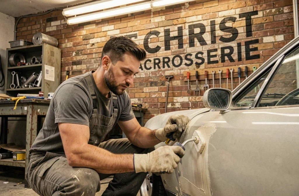 Carrossier de l'atelier Chris Carrosserie dans les Yvelines appliquant du mastic sur une portière endommagée