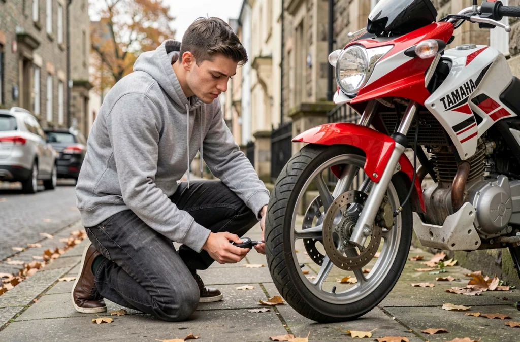Jeune motard vérifiant la pression des pneus de son Yamaha TZR 50cc avant un trajet