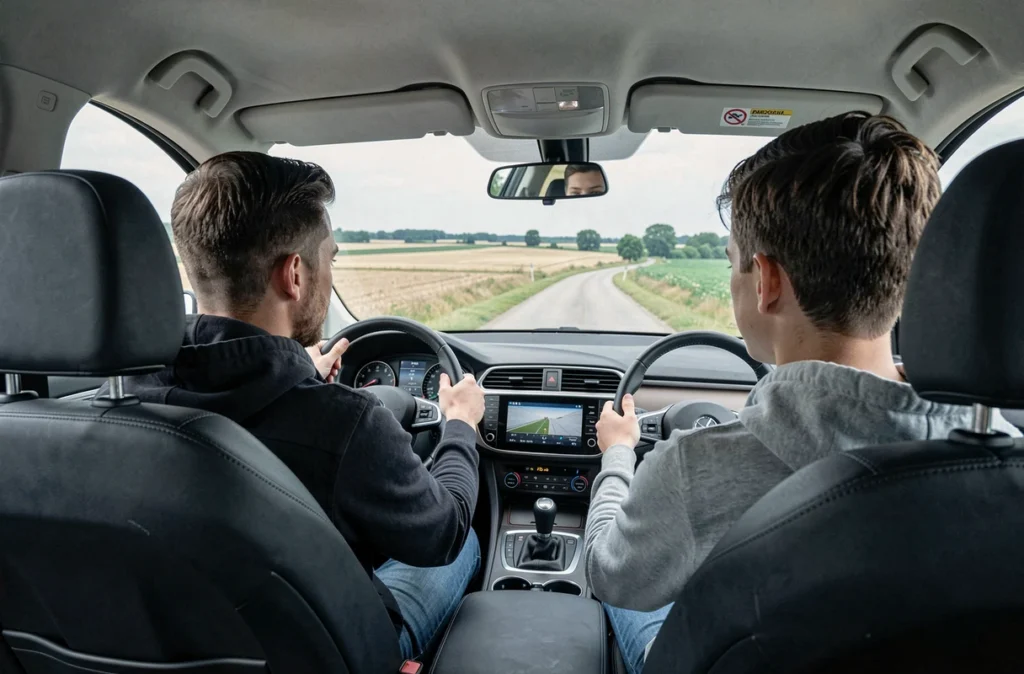 Moniteur de Driving School Phile dans la Marne accompagnant un jeune élève lors d'une leçon de conduite en milieu rural champenois