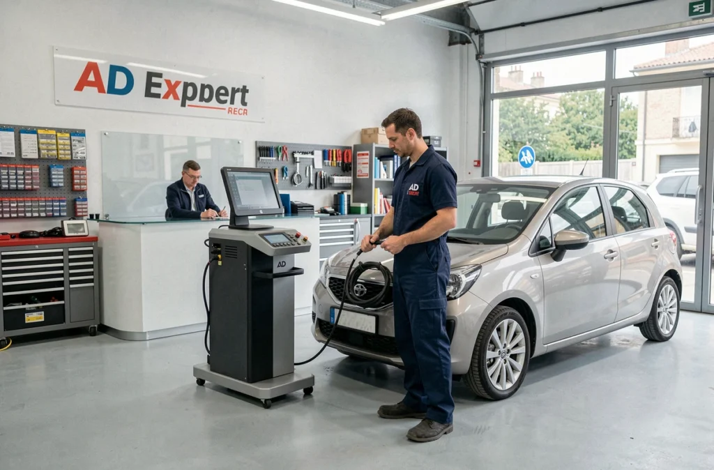 Mécanicien-carrossier du Garage Ad Expert Buc utilisant une machine d'alignement dans son atelier près de Versailles